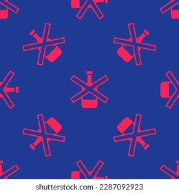 Red No alcohol icon isolated seamless pattern on blue background. Prohibiting alcohol beverages. Forbidden symbol with beer bottle glass.  Vector