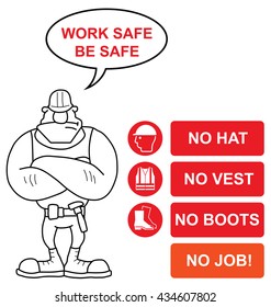 Red no hat no boots no vest no job construction site sign to current British Standards with work safe be safe message isolated on white background