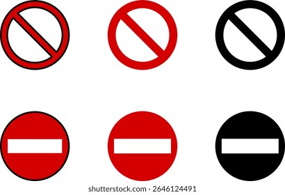 Vermelho Sem Sinal Proibição Geral Restrito ou Proibido Círculo-Barra Invertida e Parar Não Inserir Ícone de Aviso Definido. Imagem vetorial.