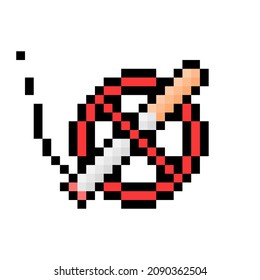 Red No Smoking Pixel Sign. Crossed Out Smoking Joint In 8bit Pixelated Circle. Ban On Use Of Marijuana In Public Vector Places.