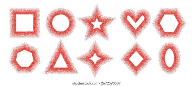 Conjunto de marcos de plantilla de Formas geométricas ruidosas rojas. Pimentón dulce texturizado granulado bordea en círculo, rombo, formas de estrella. Cajas de texto rojas del polvo de Masala en el fondo blanco. Ilustración de graffiti de Vector.