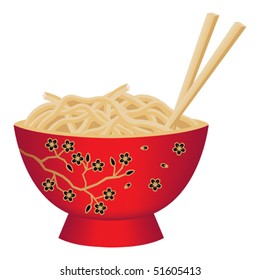 Red Noodle Bowl Decorated With Cherry Blossom Flowers And Chopsticks Vector