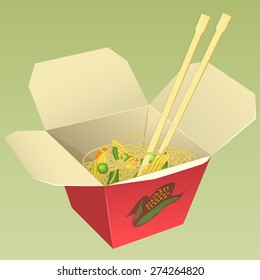 red noodle box with chop sticks, fast food package design