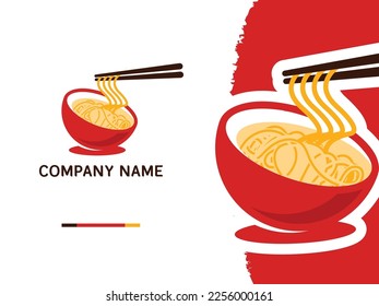 The Red Noodles bowl with chopstick logo design template, suitable for any business related to soup, shop, ramen, noodles, fast food restaurants, Korean food, Japanese food on a white background.