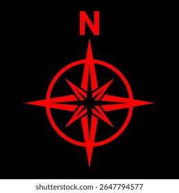 Red north symbol for map. Flat compass sign	