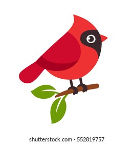 Red northern cardinal bird on tree branch. Cute cartoon vector illustration.