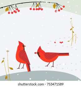 Red Northern Cardinal birds on snow poster. Freehand cartoon cute style. Winter birds of backyard, city garden. Stylized animal sign. New year event banner background. Christmas greeting vector design