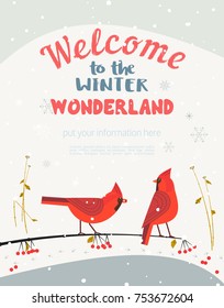 Red Northern Cardinal birds on snow. Cartoon birds of north in city garden. Stylized animal sign. Flyer template for winter wonderland invitation flyer. Christmas New year event banner background