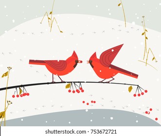 Red Northern Cardinal birds on snow poster. Freehand cartoon cute style. Winter birds of backyard, city garden. Stylized animal sign. New year event banner background. Christmas greeting vector design