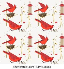 Red Northern Cardinal birds seamless pattern. Cartoon cute minimal style. Winter bird of city garden, backyard. Wild animal feeding. Textile print, wrapping, wallpaper, background. Vector illustration