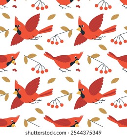 Red northern cardinal birds seamless pattern. Winter flat vector illustration with bird, branches and berries cartoon cute style. Hand drawn design element for wrapping, wallpaper, banner background.