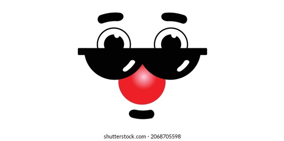 Red nose day concept. Carnival, red ball. emoticon, emoji face smiling and sunglasses. Clown's face. Cartoon vector cool sign for banner or card. Comic sun glasses.