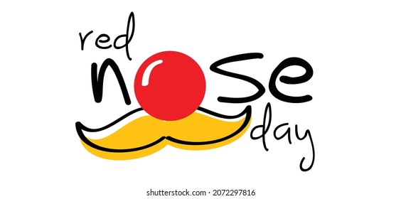 Red nose day concept. Carnival, red ball. emoticon, emoji face smiling and moustache, mustache or beard men face. Clown's face. Cartoon vector cool sign for banner or card. 