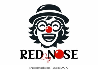 Red Nose Day concept. Carnival, red ball. Clown face with glasses, hat, and big smile. Emoticon, emoji, funny character. Cartoon vector cool sign for banner or card.