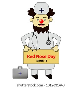 red nose day. Doctor with a red nose. Vector illustration on isolated background.