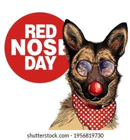 Red nose day poster. Vector hand drawn dog portrait. German shepherd wearing glasses, clown nose and bandana. American red nose day greeting card. Flyer, poster, banner design. Medical event