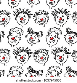 Red nose day. Seamless vector pattern. 
Sketch, hand drawn style. Smiling and laughing people. 