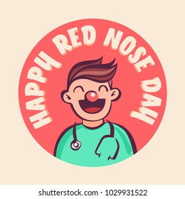 Red Nose Day vector illustration. Cartoon funny doctor in circle with lettering