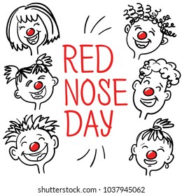 Red nose day. Vector sketch, hand drawn style. Smiling and laughing people. 