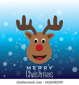 Red nose deer. Merry Christmas background with snowflakes