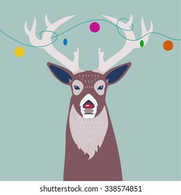 red nose reindeer christmas holiday illustration/card. Decorations tangled in his antlers.
