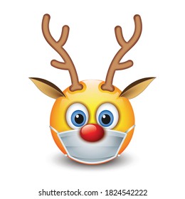 Red nose reindeer emoticon, emoji wearing respiratory mask character vector illustration
