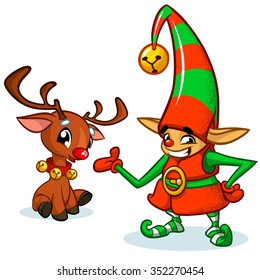 Red nose reindeer rudolph and cute elf. Christmas vector characters