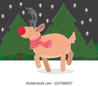 Red nose reindeer, tree, happy santa claus animal with red scarf and big horns Xmas decoration Character jumping for new year.