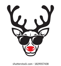 Red nose reindeer wearing sunglasses template isolated vector illustration