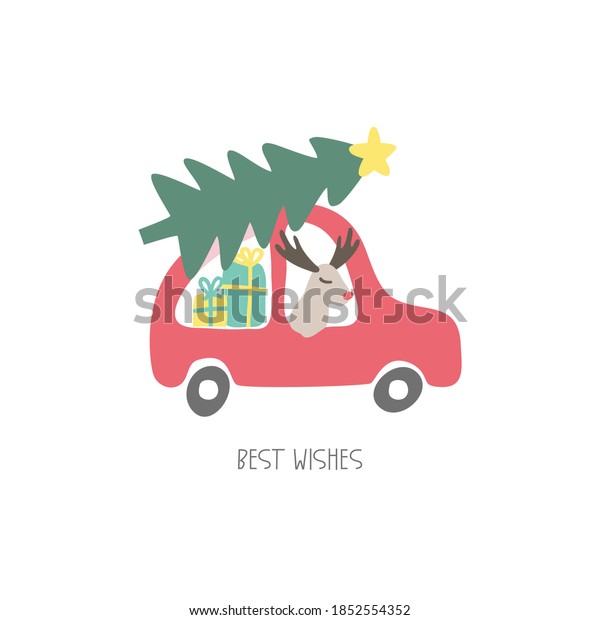 Red nosed reindeer inside pink car, with gift\
boxes and Christmas tree on the vehicle roof. Vector illustration\
in childish style, isolated element on white background. Design for\
card, invitation