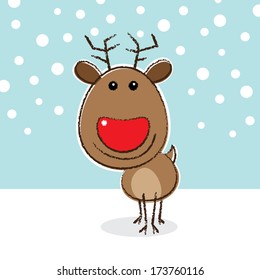 Red Nosed Reindeer Smiling on a Snowy Background