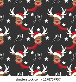 Red nosed reindeer wearing Santa Claus hat and red scarf with star and joy text seamless pattern on black background. Cute Christmas holidays cartoon character. Vector illustration.