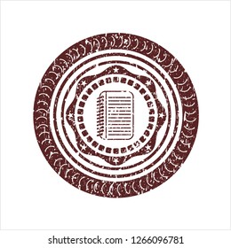 Red note book icon inside distress rubber stamp with grunge texture