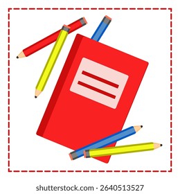 A red notebook, notepad and colored pencils isolated on a light background. Flat icon in a square frame