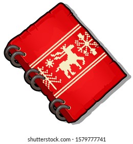 Red notebook with an ornament in the form of embroidery deer isolated on a white background. Vector cartoon close-up illustration