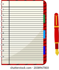 Red notebook with pen, illustration, vector on white background.