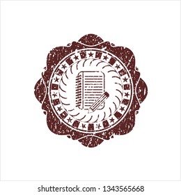 Red notebook with pencil icon inside grunge stamp