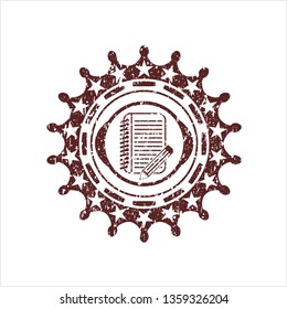 Red notebook with pencil icon inside rubber stamp with grunge texture