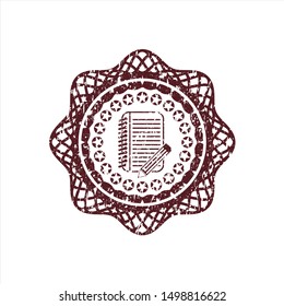 Red notebook with pencil icon inside distressed rubber grunge stamp