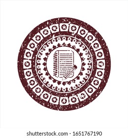 Red notebook with pencil icon inside rubber stamp with grunge texture
