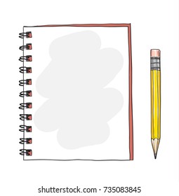 red notebook and yellow pencil hand drawn cute vector art illustration