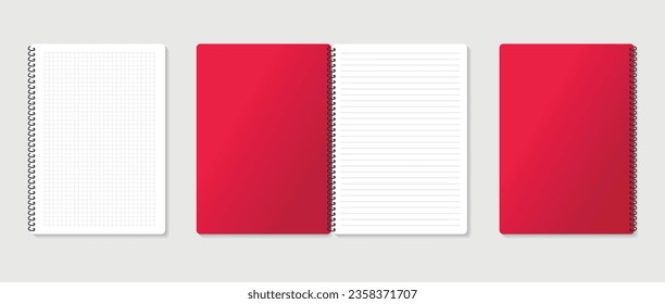 Design-Konzept des roten Notepad, Kollektion von Spiraldraht-Notepad-Vorderseite, offene Rückseite und weiße Seite einzeln auf einem Hintergrund für das Layout, Vektoreps10