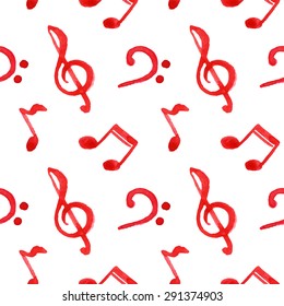 Red notes treble bass clef music seamless pattern vector