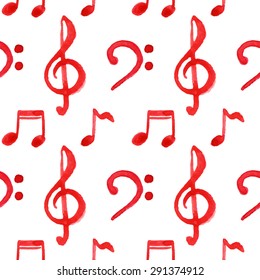Red notes treble bass clef music seamless pattern vector