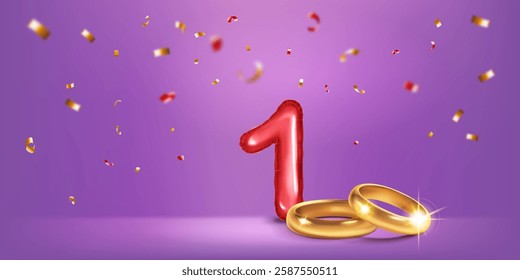 A red number 1 in the form of a balloon with two gold wedding rings, symbolizing the celebration of the first wedding anniversary and love, surrounded by colorful confetti, on warm purple background.