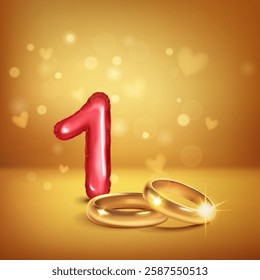 A red number 1 in the form of a balloon with two gold wedding rings, symbolizing the celebration of the first wedding anniversary, set on a glowing, warm background with small hearts flying around.