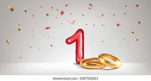 A red number 1 in the form of a balloon with two gold wedding rings, symbolizing the celebration of the first wedding anniversary, unity and love, surrounded by colorful confetti, on light background.