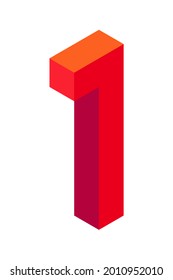 Red number 1 in isometric style. Isolated on white background. Learning numbers, serial number, price, place. Vector illustration