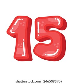 Red number 15 fifteen isolated on white background, cute numbers vector illustration
