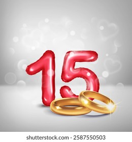 A red number 15 in the form of a balloons with two gold wedding rings, symbolizing the celebration of the fifteenth wedding anniversary, set on a light background with small hearts flying around.